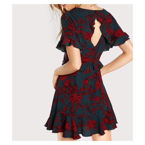 Multicolor Floral V Neck Frill Mini Dress - Picture 3 of 5